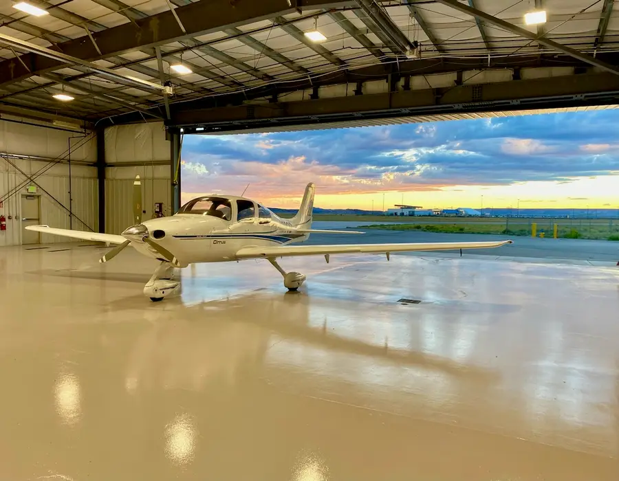 Cirrus aircraft in the Teton-Canyon Aviation hangar at Rock Springs